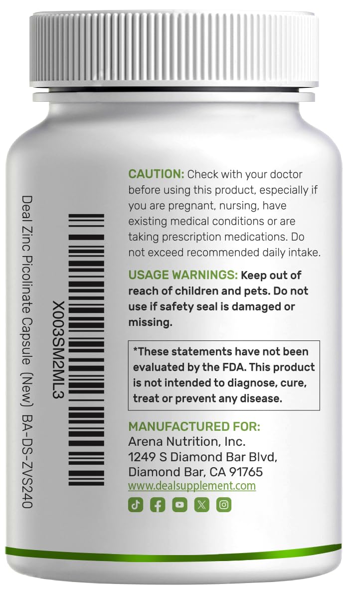 Zinc Picolinate 50mg avec Cuivre et Sélénium, 240 capsules, vue de côté
