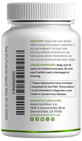 Zinc Picolinate 50mg avec Cuivre et Sélénium, 240 capsules, vue de côté