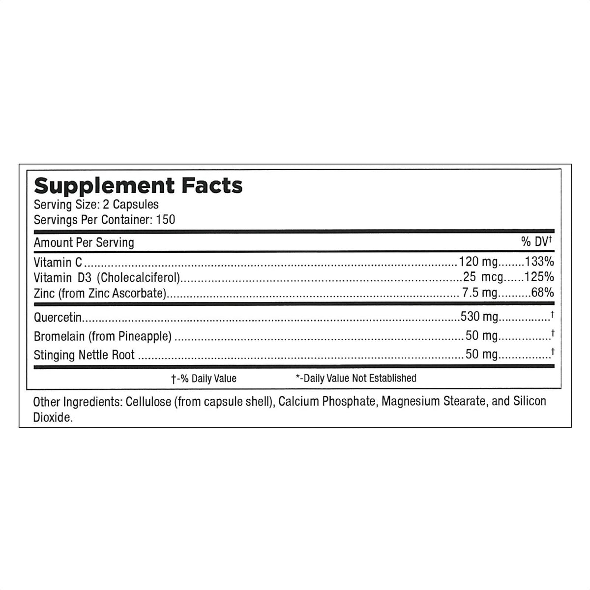 Zinc Quercétine 500mg Mt. Angel Vitamins avec des ingrédients sur fond blanc