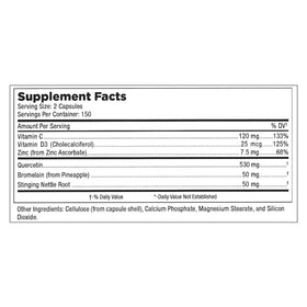 Zinc Quercétine 500mg Mt. Angel Vitamins avec des ingrédients sur fond blanc