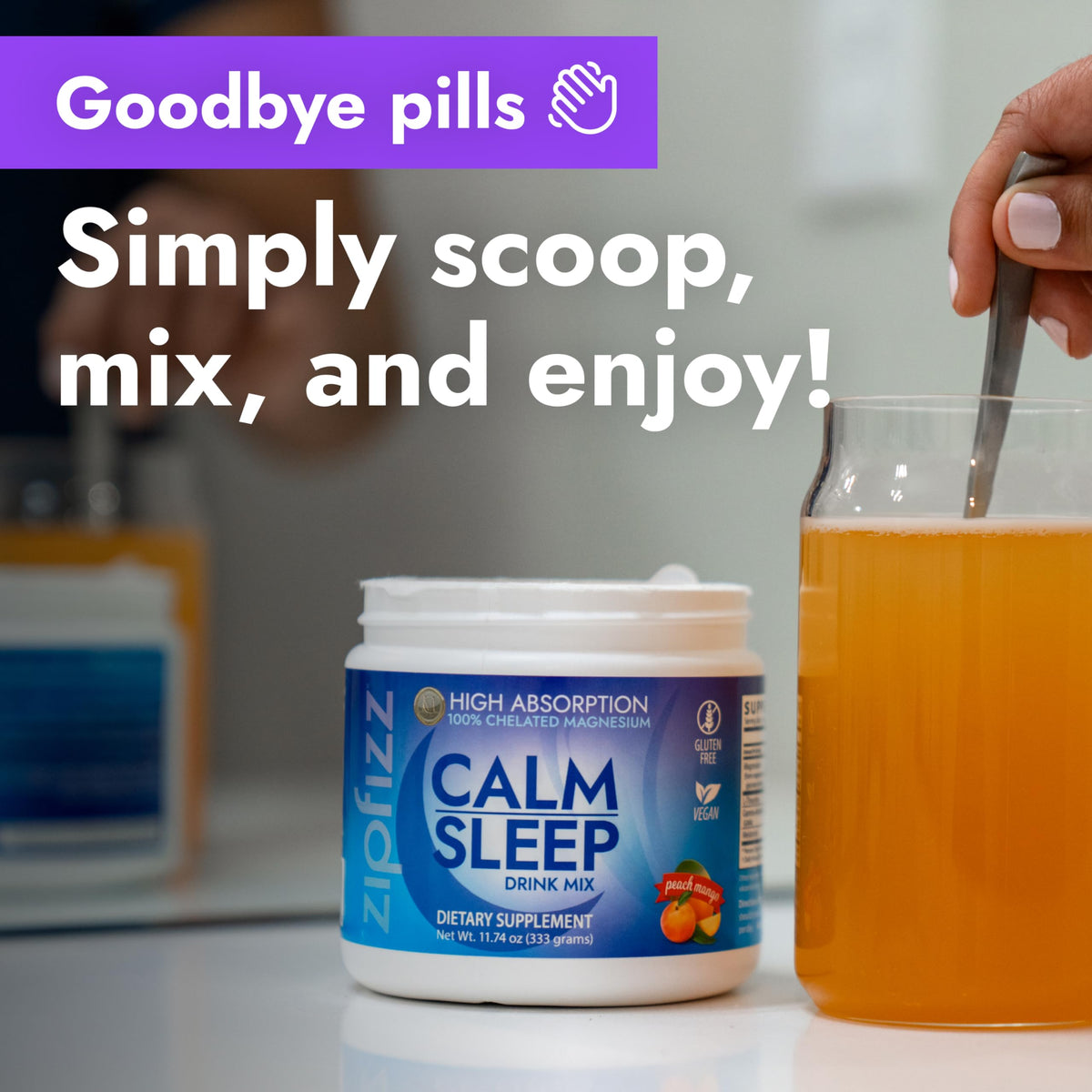 Zipfizz Calm Sommeil Pêche Mangue 410g ingrédients sur l'emballage