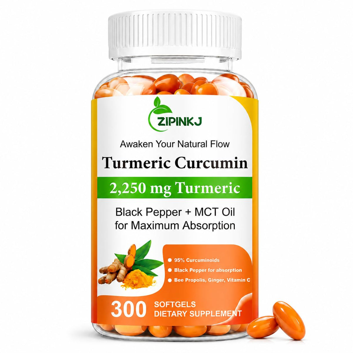 ZIPINKJ Curcuma Curcumin 2250mg 300 gélules avant