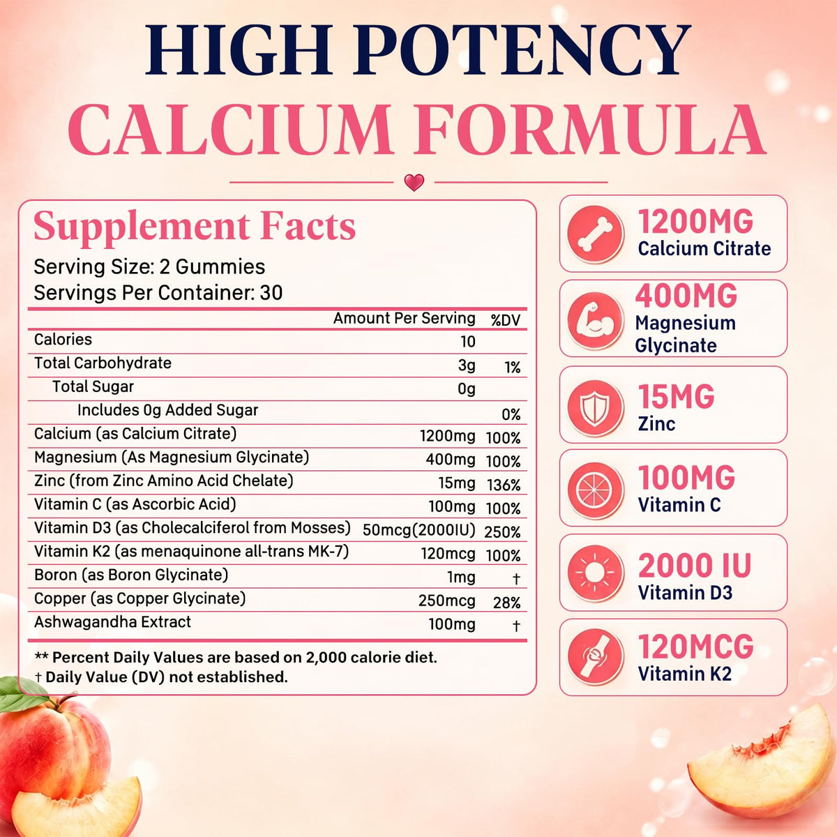 ZIPINKJ Gummies Calcium Citrate 1200mg, emballage et informations nutritionnelles
