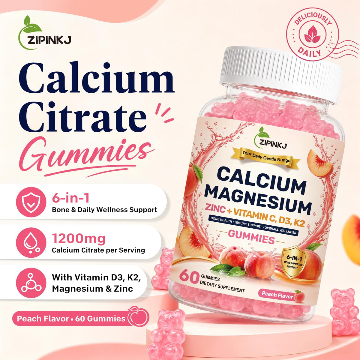 ZIPINKJ Gummies Calcium Citrate 1200mg, prise quotidienne recommandée