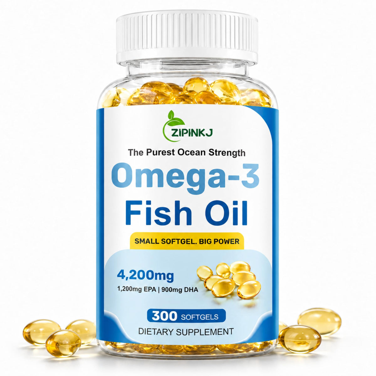 ZIPINKJ Huile de Poisson Omega-3 4200mg mini gélules, vue avant.