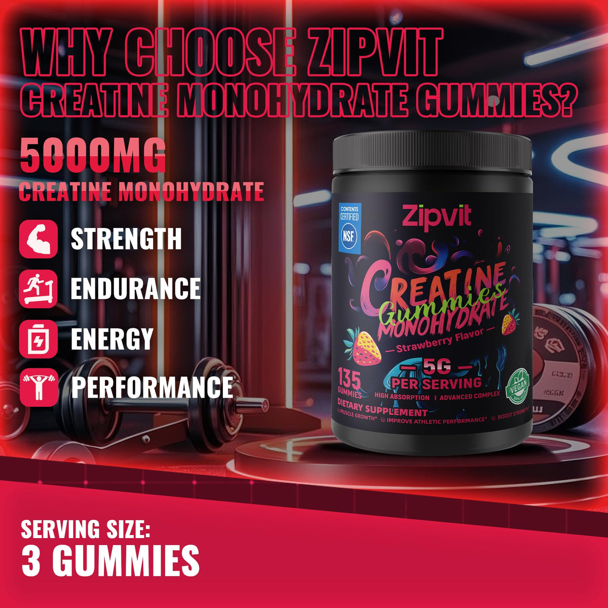 zipvit Gummies de créatine sur fond blanc