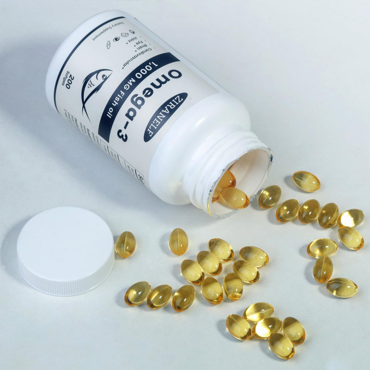 ZiranElf Huile de Poisson Omega 3 1000 mg gélules sur fond blanc