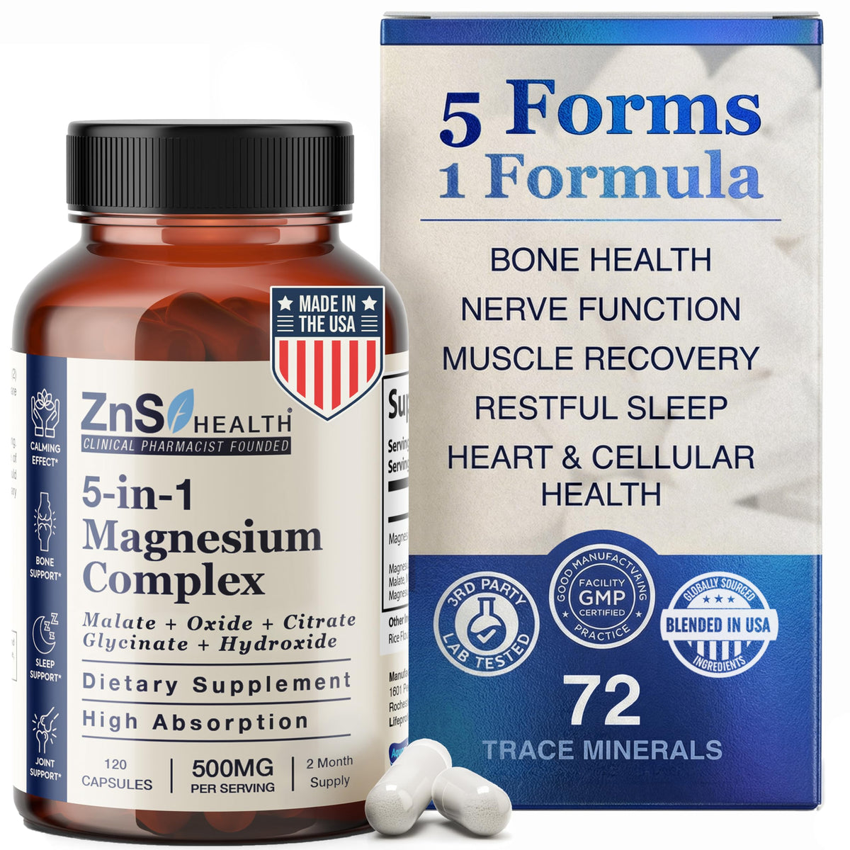 ZnS Health complexe de magnésium 5-en-1 120 capsules vue avant
