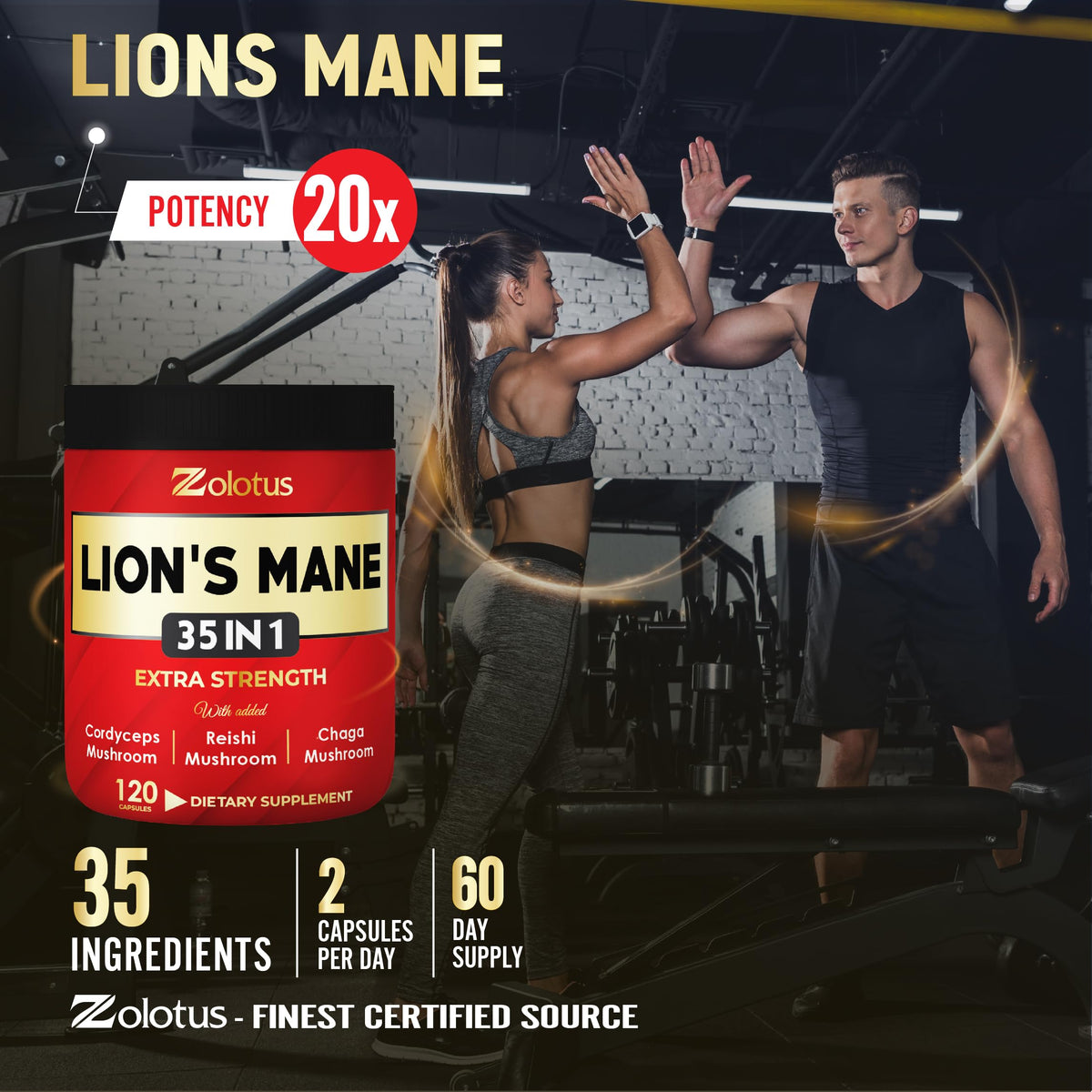 Zolotus Capsules de Champignon Lion's Mane avec flacon ouvert