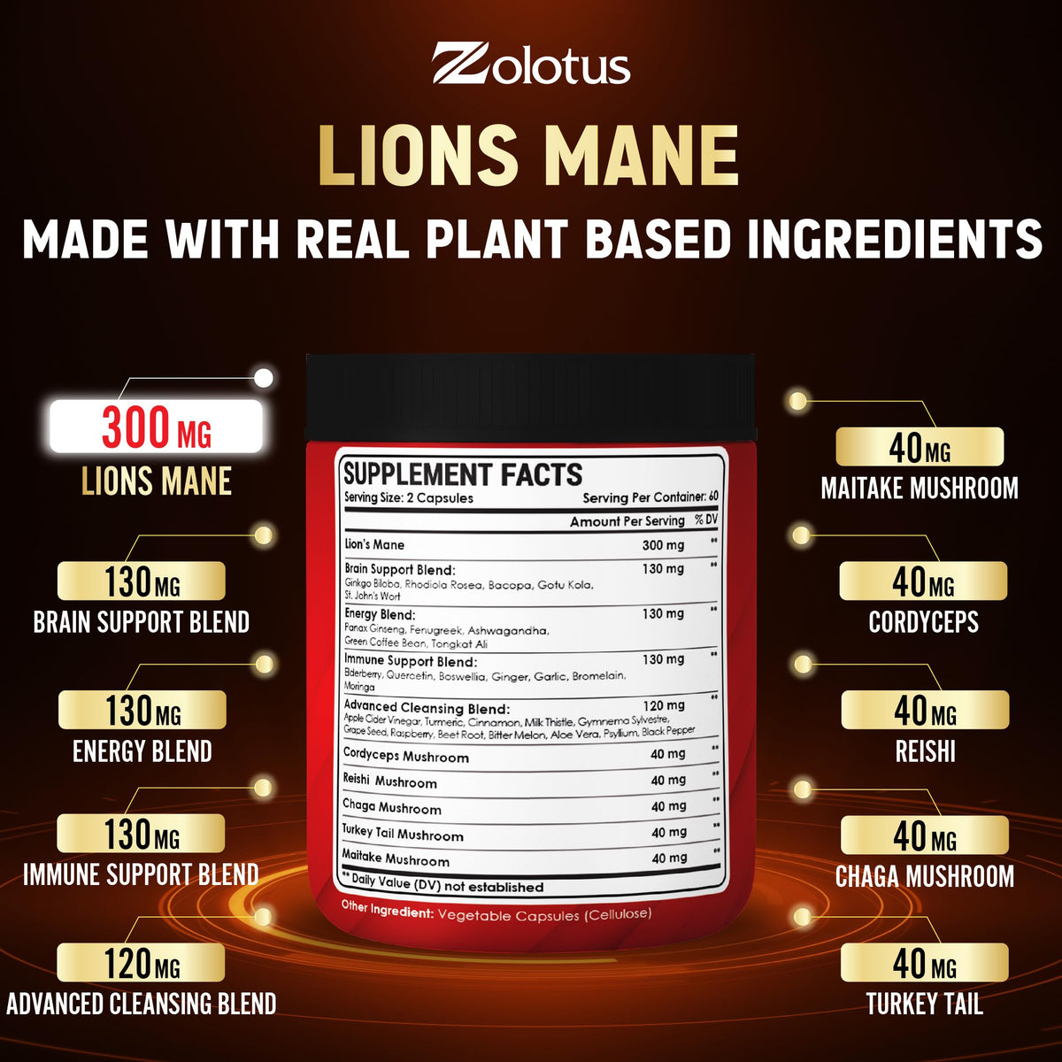 Zolotus Capsules de Champignon Lion's Mane vue latérale