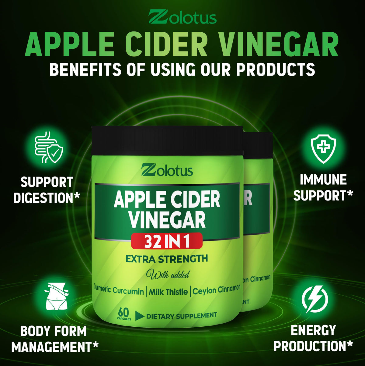 Zolotus Capsules de Vinaigre de Pomme 32in1 - Vue latérale du produit