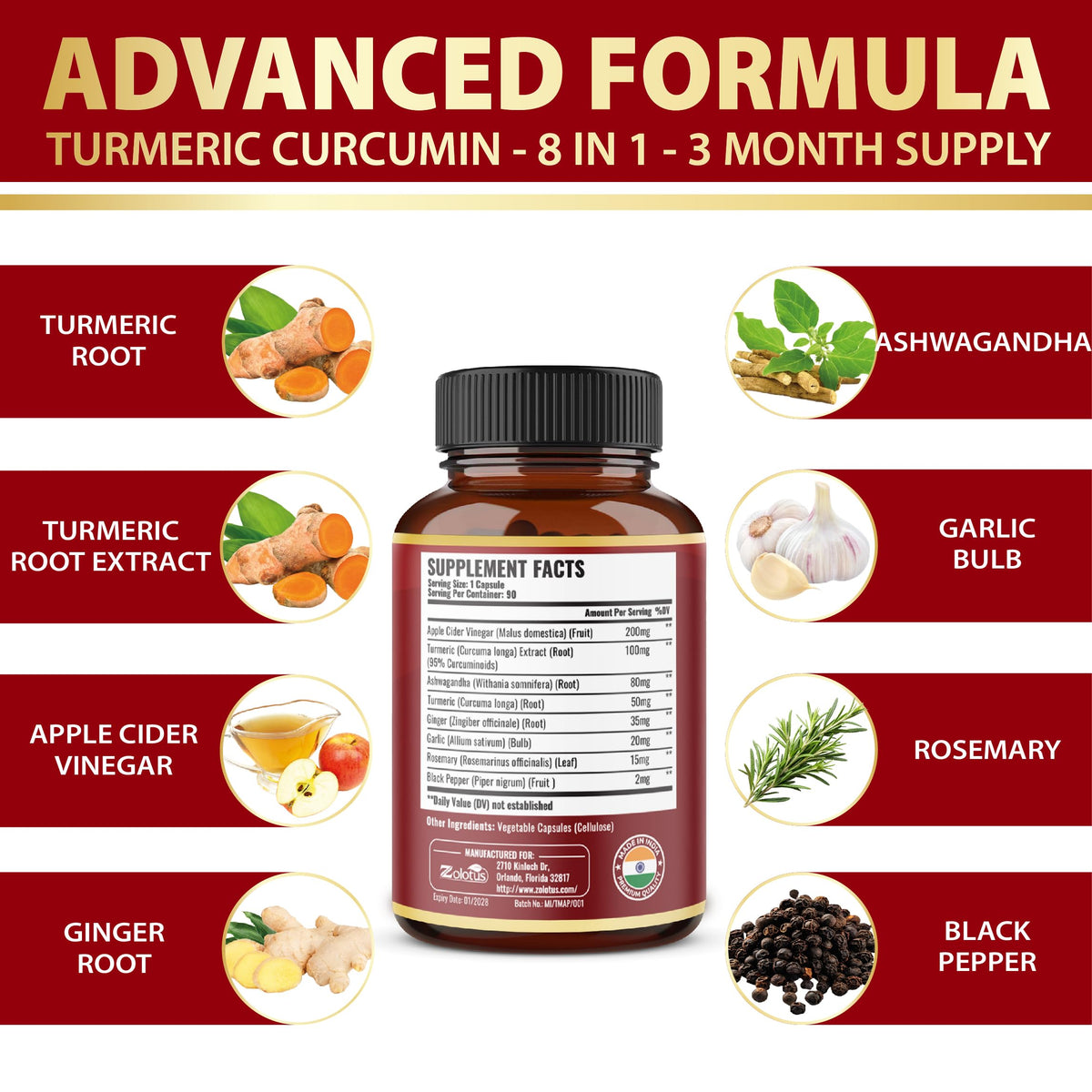 Zolotus Curcuma 8 en 1 capsules avec verre d'eau