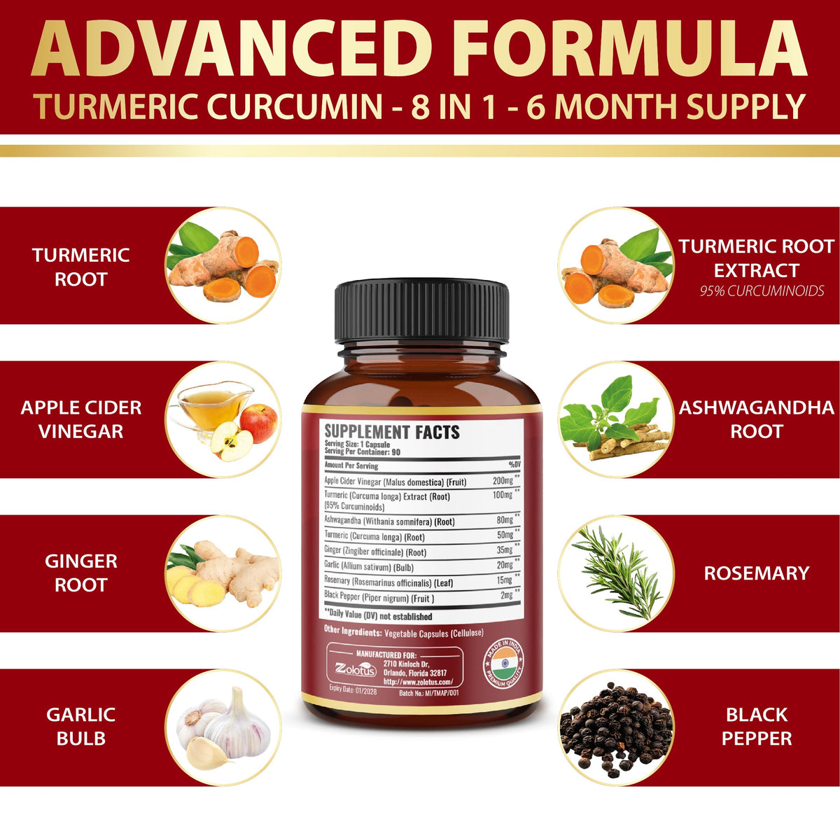Zolotus Curcuma 90 capsules avec des ingrédients naturels