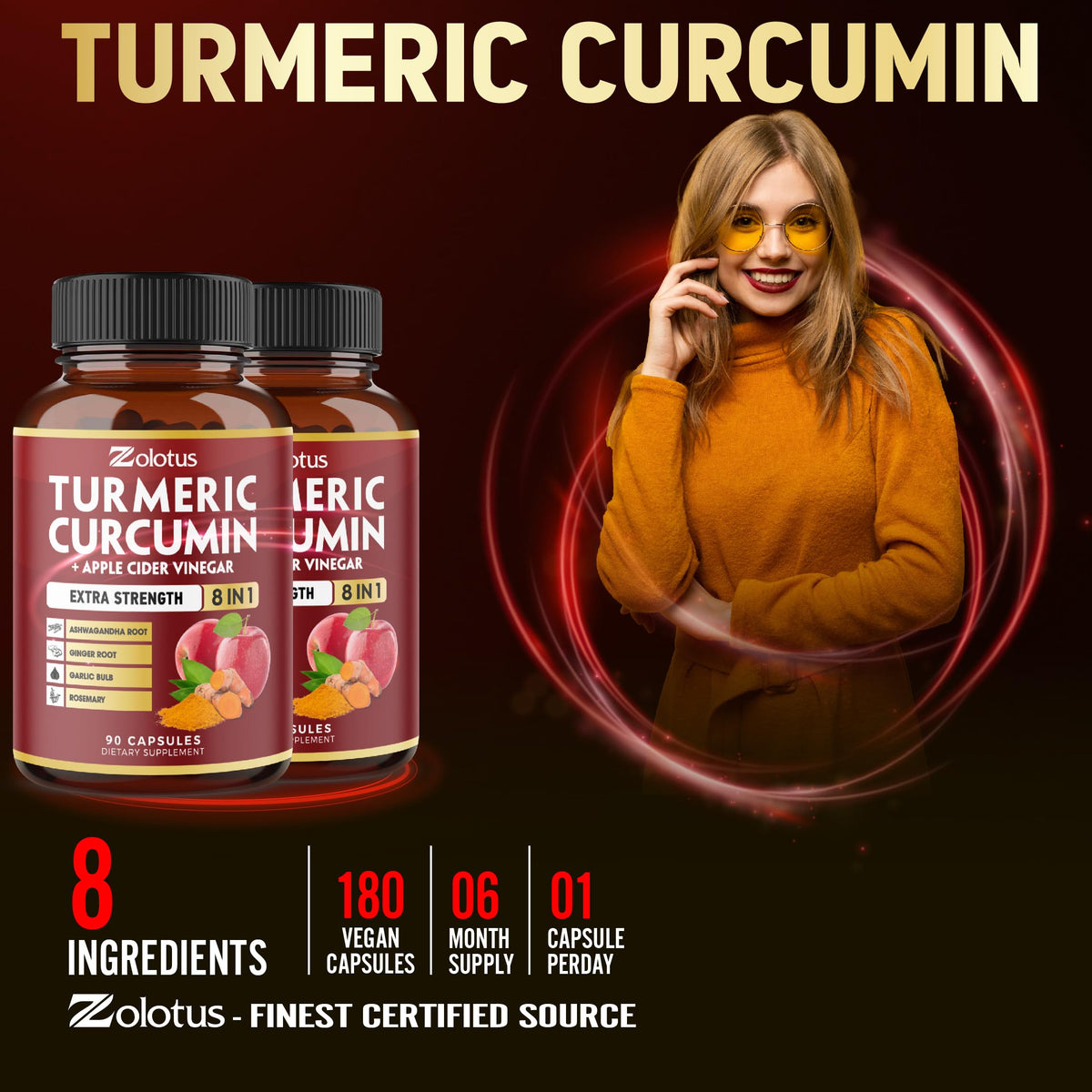 Zolotus Curcuma 90 capsules avec une main tenant la boîte