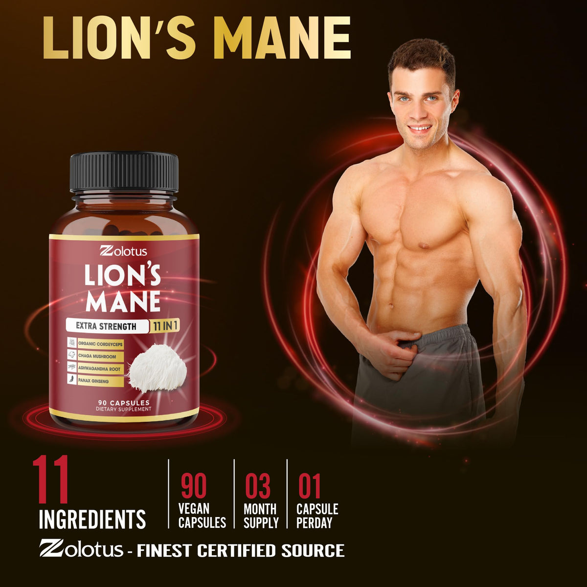 Zolotus Gélules de Champignon Lion 11 en 1 avec d'autres compléments alimentaires
