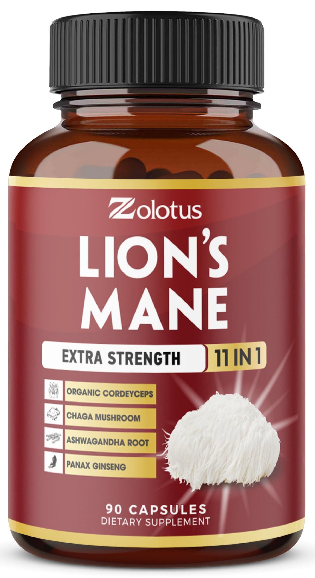 Zolotus Gélules de Champignon Lion 11 en 1, vue avant du flacon