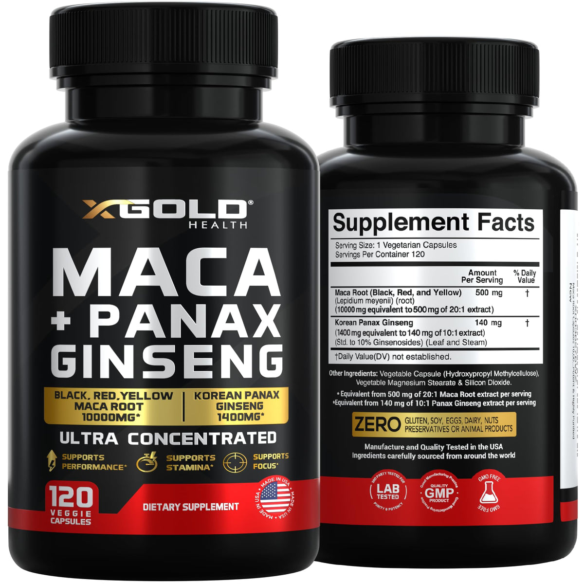 Zoom sur l'étiquette des capsules de Maca et Ginseng X Gold Health