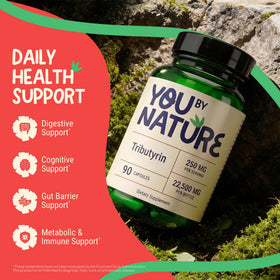 Zoom sur l'étiquette du flacon YOUBYNATURE Tributyrin