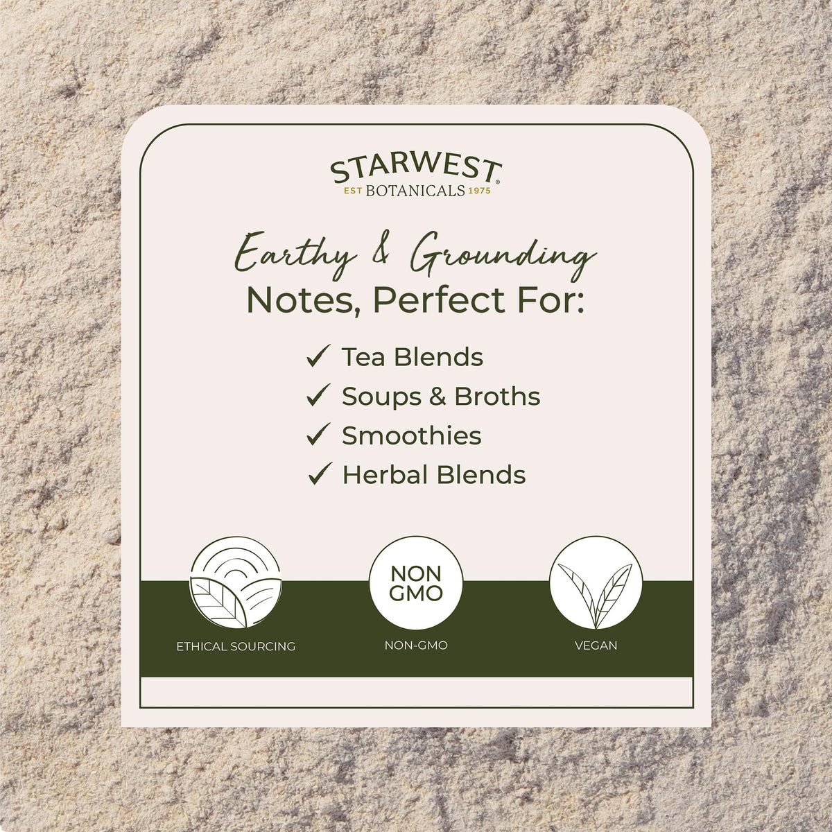 Zoom sur l'étiquette du sachet de poudre d'astragale bio Starwest Botanicals