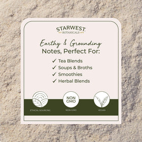 Zoom sur l'étiquette du sachet de poudre d'astragale bio Starwest Botanicals