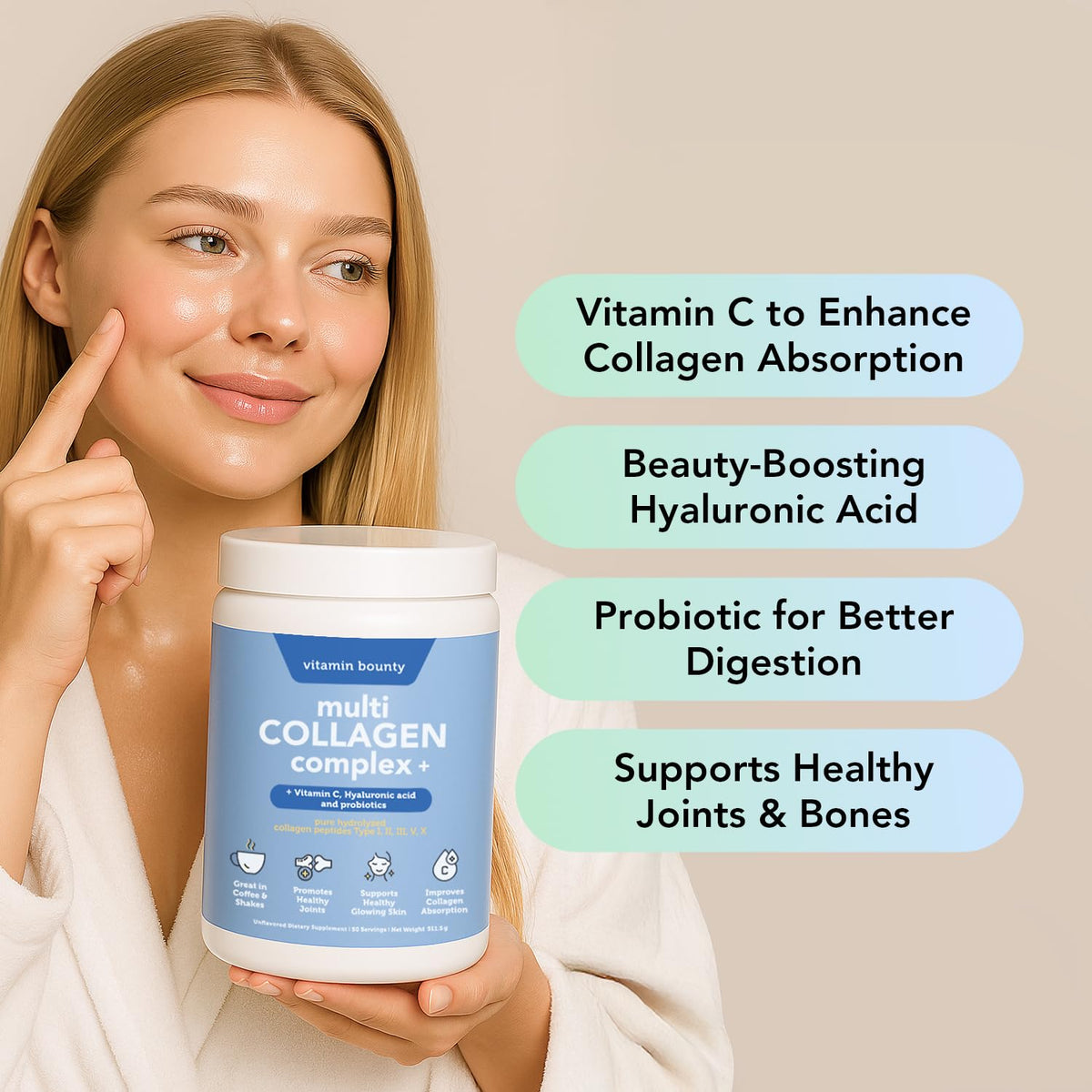 Zoom sur la poudre de collagène Vitamin Bounty dans un verre