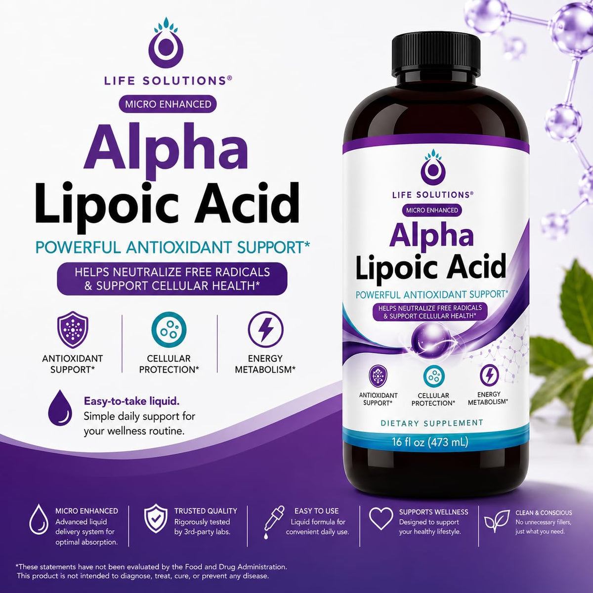 Zoom sur le bouchon de la bouteille d'acide alpha-lipoïque liquide Life Solutions