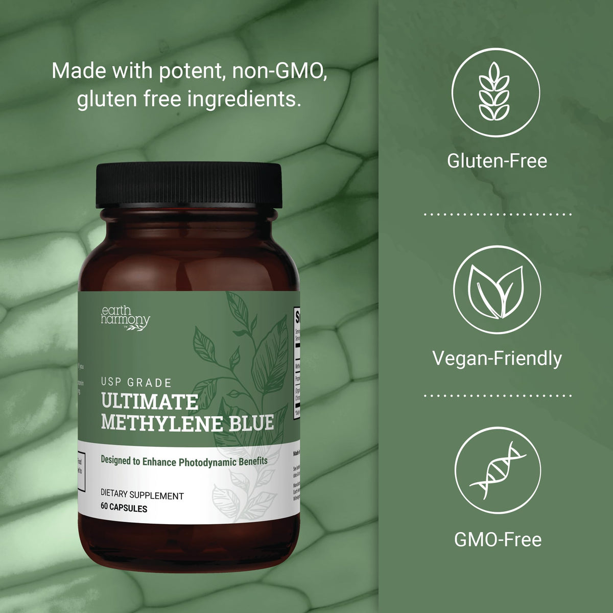 Zoom sur les capsules de bleu de méthylène Earth Harmony Naturals