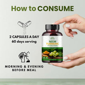 Zoom sur les capsules de neem et curcuma dans la bouteille