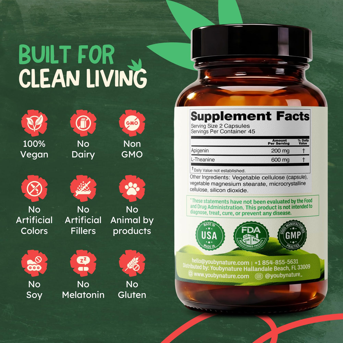 Zoom sur les capsules végétales YOUBYNATURE Apigénine et L-Théanine