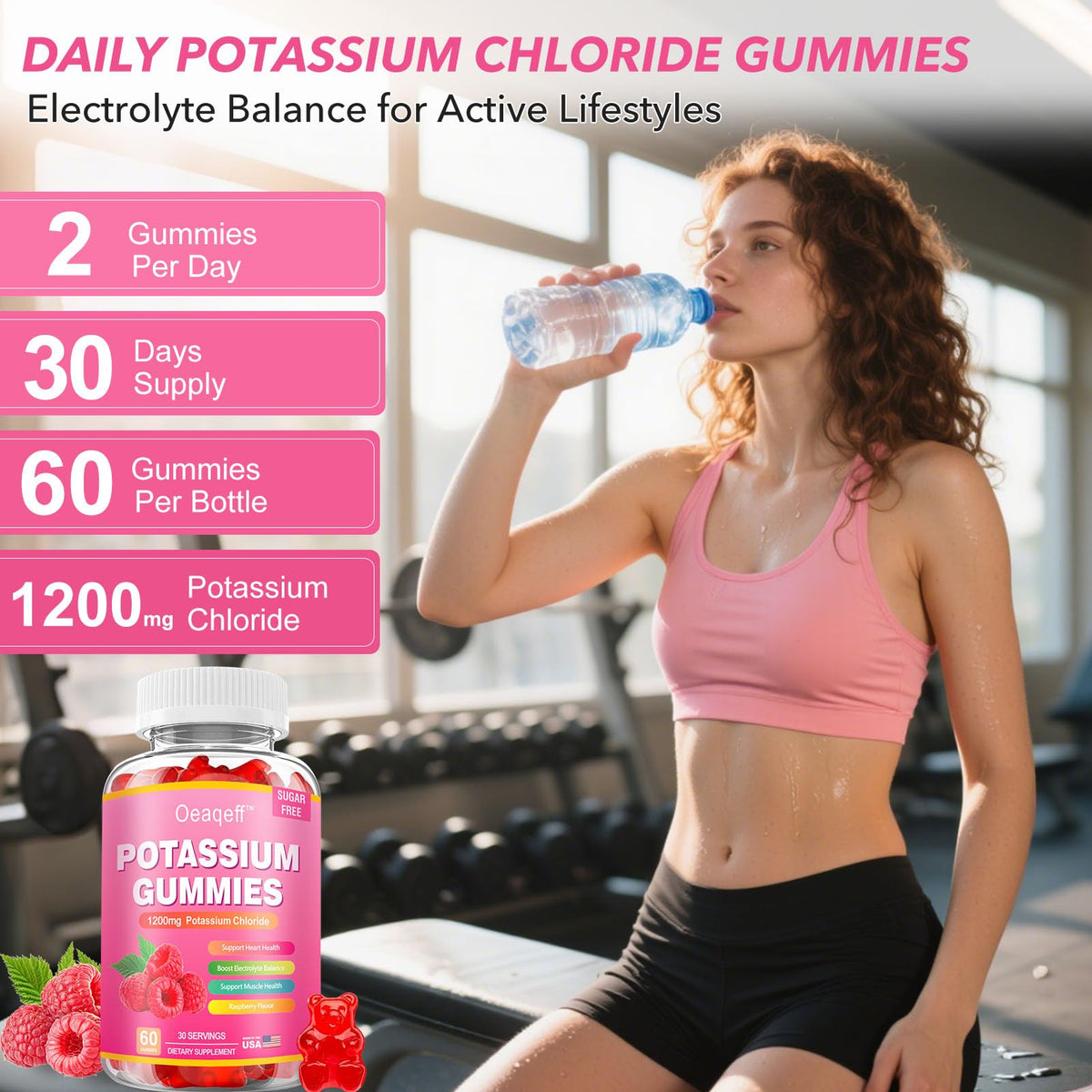 Zoom sur les Gummies de Potassium Oeaqeff avec détails des ingrédients