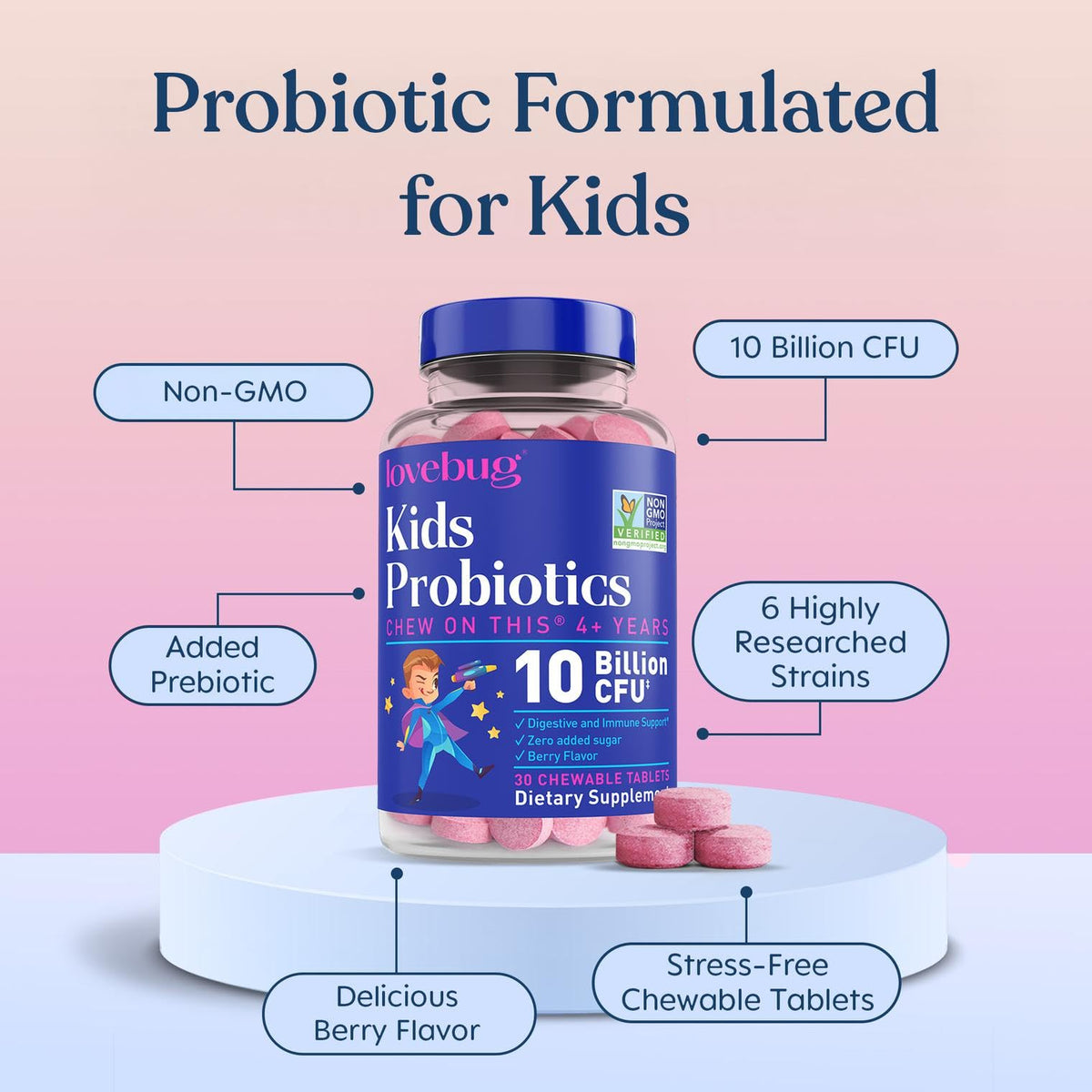 Zoom sur un comprimé à mâcher LOVEBUG, saveur baies