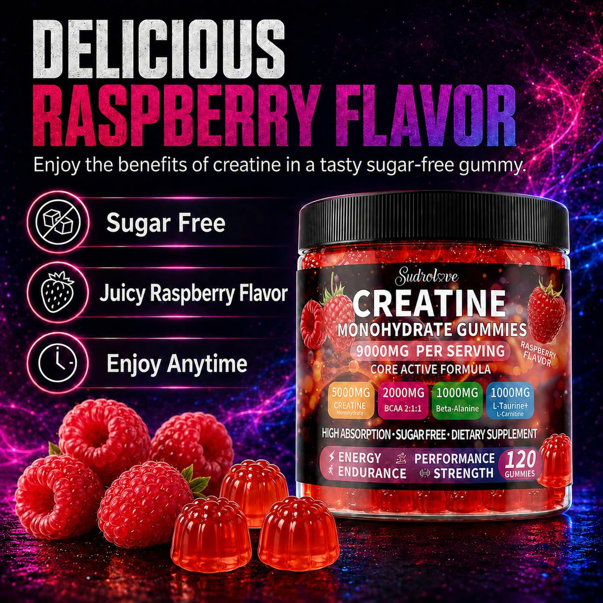 Zoom sur un gummy de créatine monohydrate sudrolove