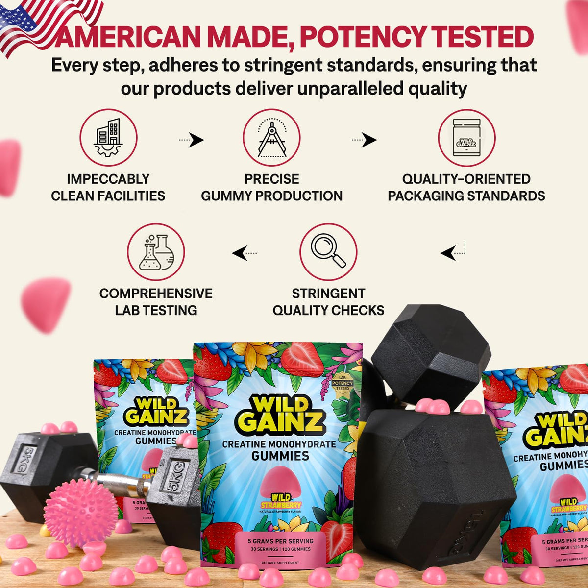 Zoom sur un gummy de créatine WILD GAINZ avec une texture appétissante