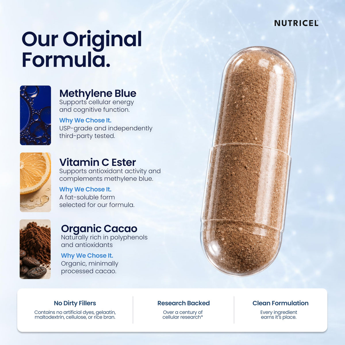 Zoom sur une capsule de bleu de méthylène de Nutricel