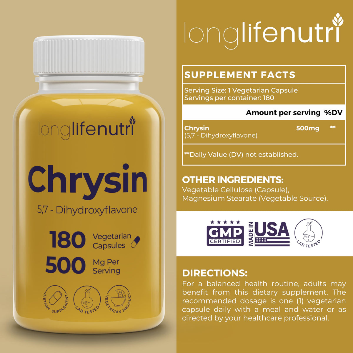 Zoom sur une capsule LongLifeNutri Chrysin 500mg montrant sa taille