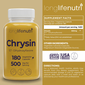 Zoom sur une capsule LongLifeNutri Chrysin 500mg montrant sa taille