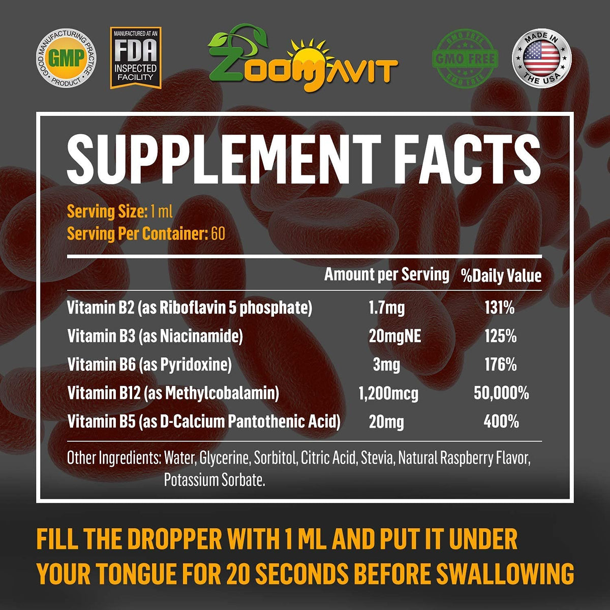 Zoomavit complexe de vitamines B liquide 60 ml côté du flacon