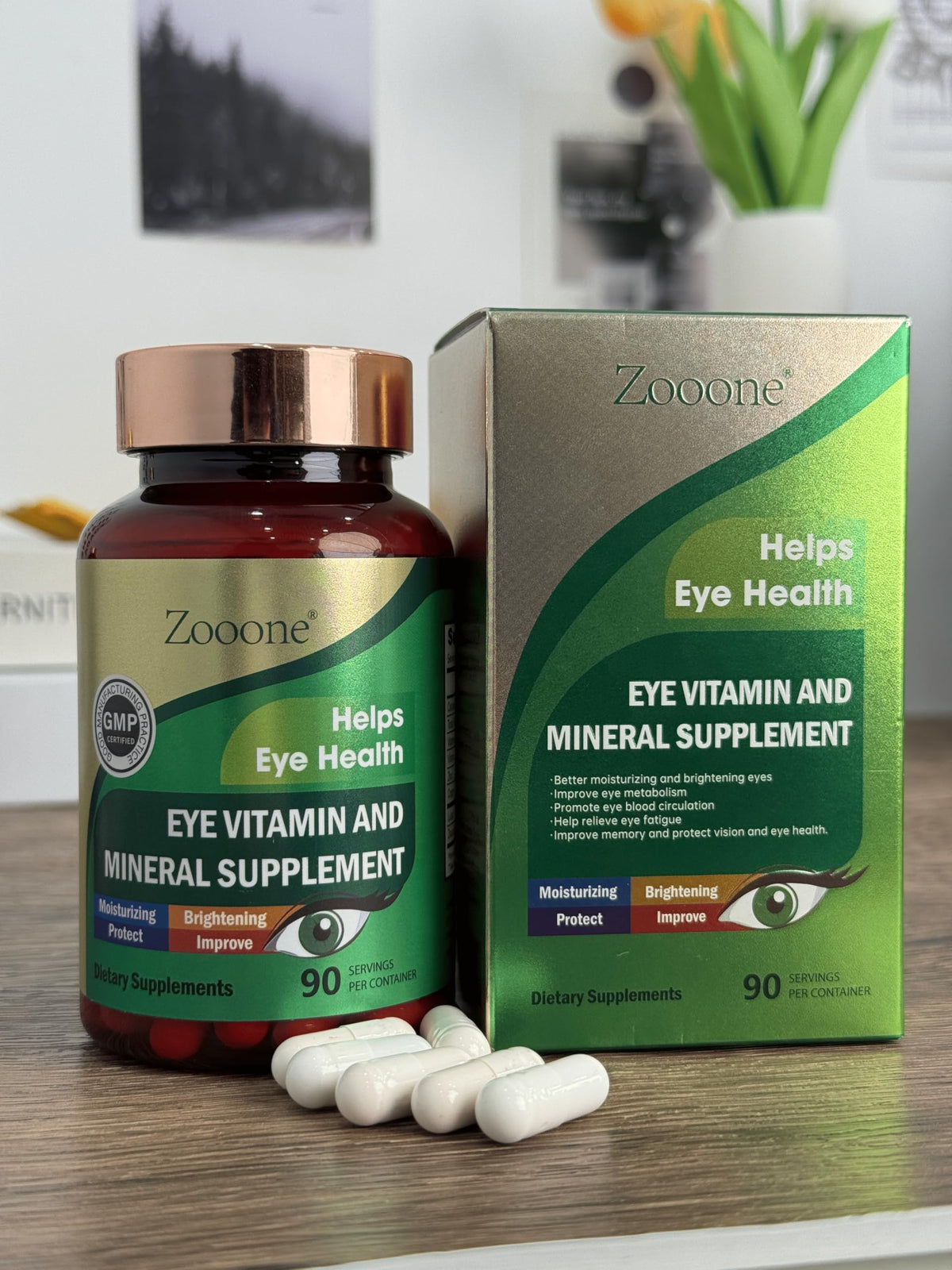 zooone Compléments Alimentaires Luteine et Zeaxanthine 90 capsules sur une table en bois