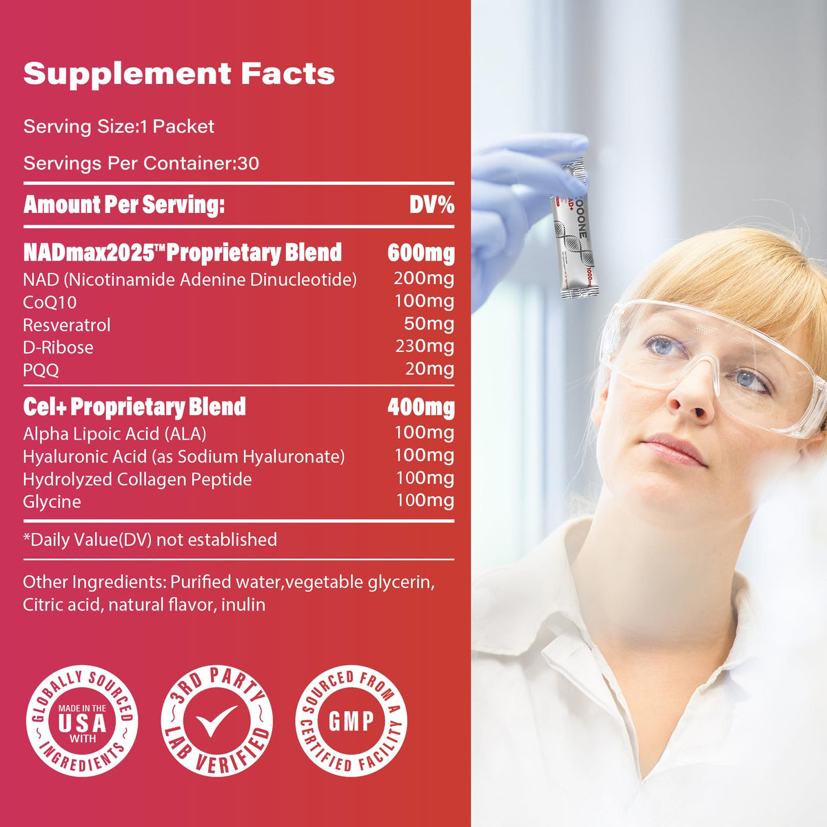zooone NAD+ 1000mg sachets liquides en verre d'eau
