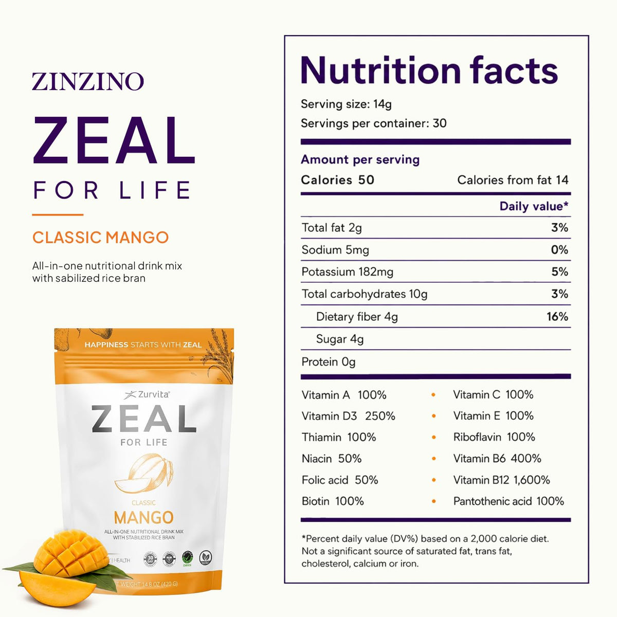 Zurvita Zeal for Life mélange nutritionnel mangue 420 g, emballage