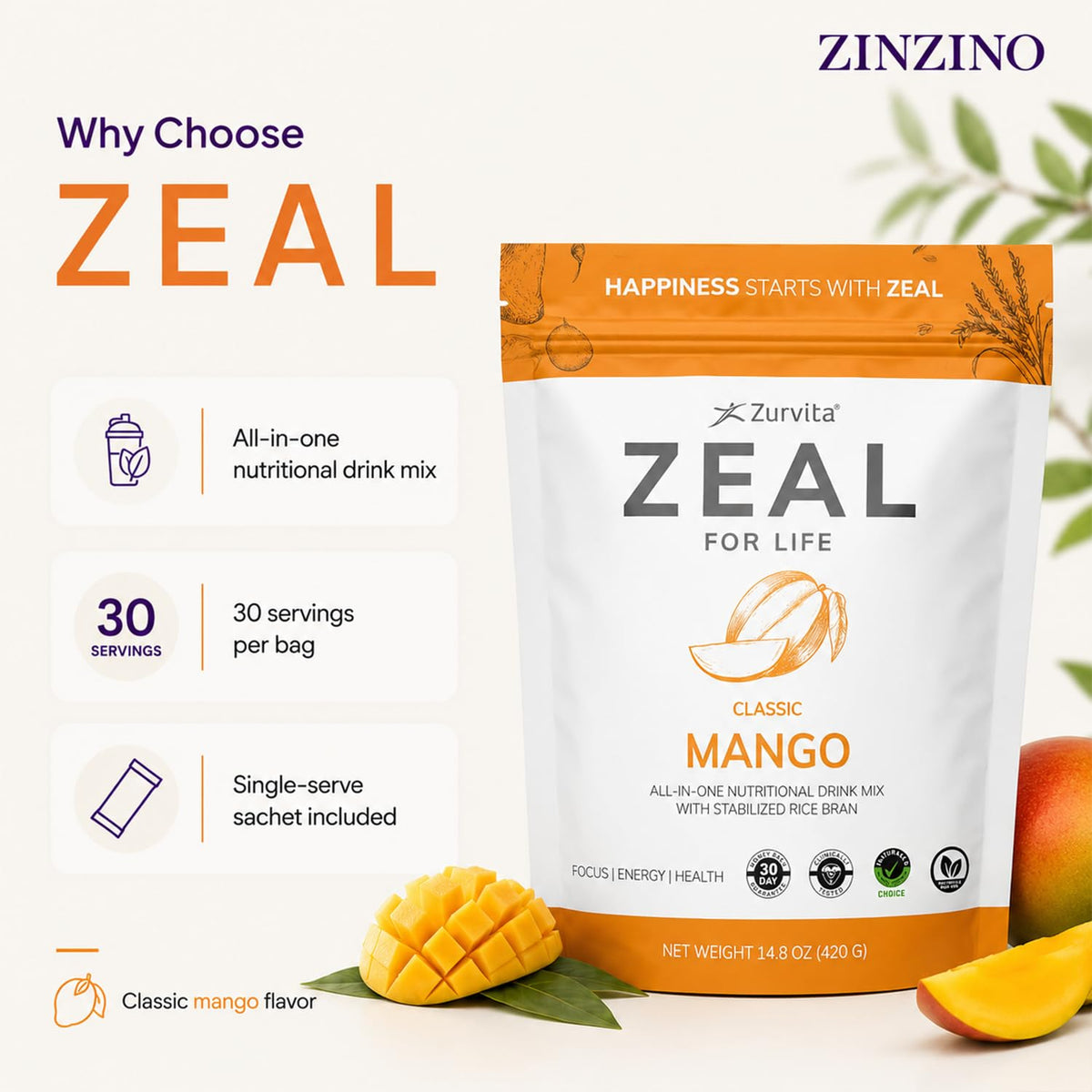 Zurvita Zeal for Life mélange nutritionnel mangue 420 g, ingrédients au dos