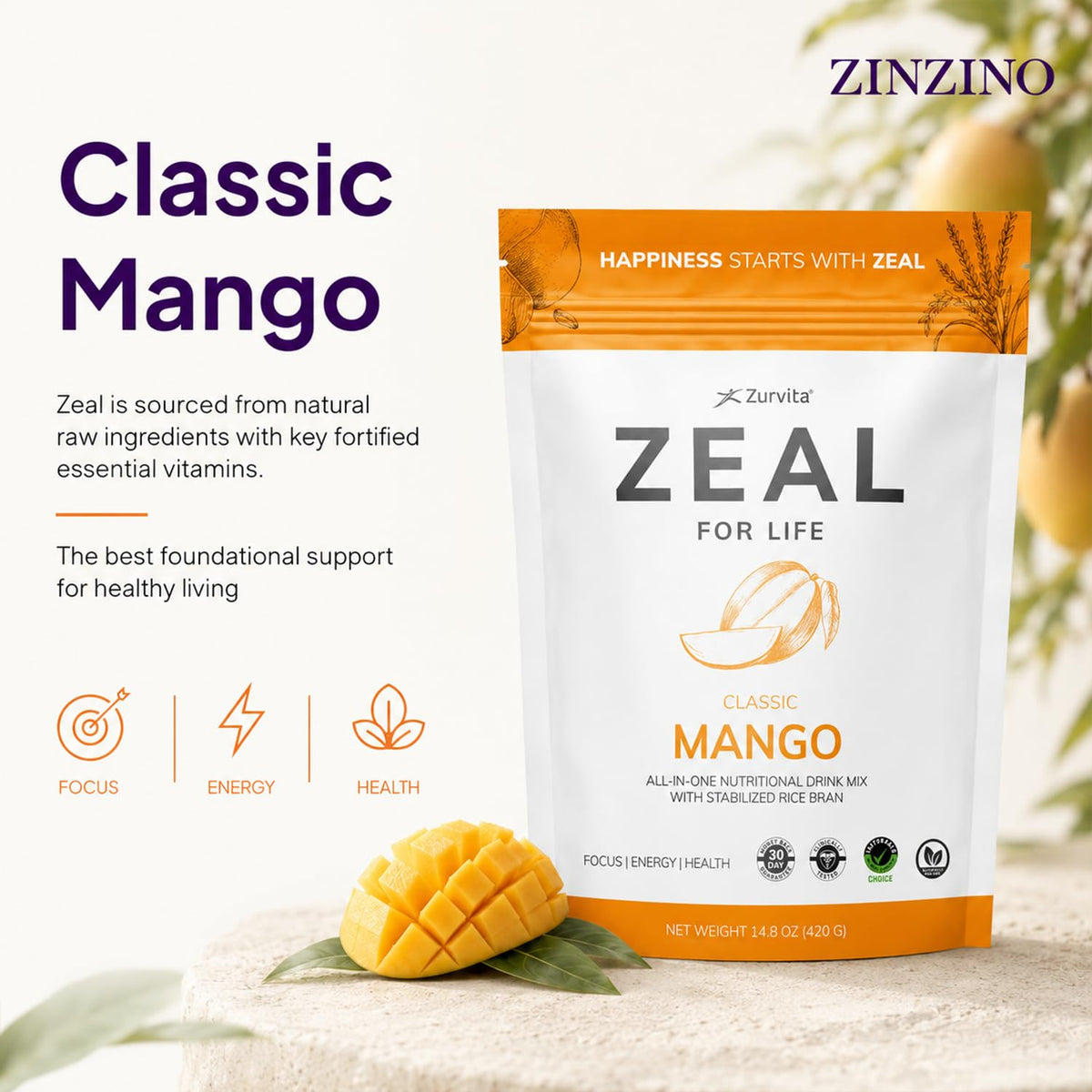 Zurvita Zeal for Life mélange nutritionnel mangue 420 g, préparation dans un verre