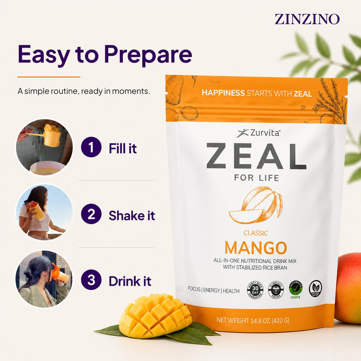 Zurvita Zeal for Life mélange nutritionnel mangue 420 g, utilisation avec un shaker