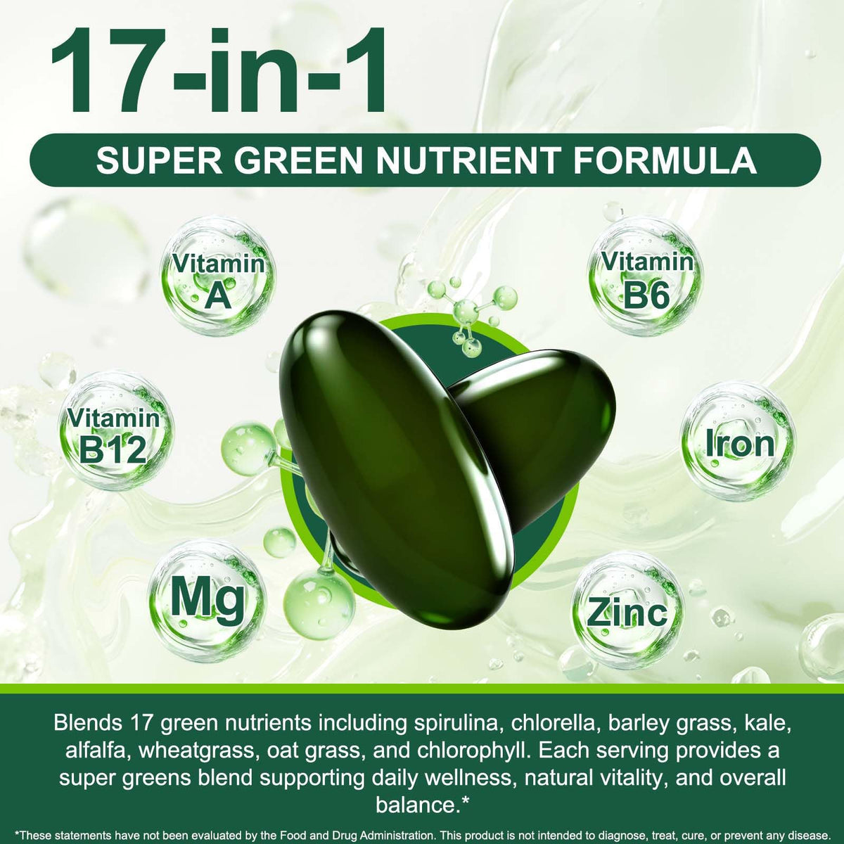 ZUZOKKAHA Spiruline & Chlorelle Softgels 17-in-1 en main