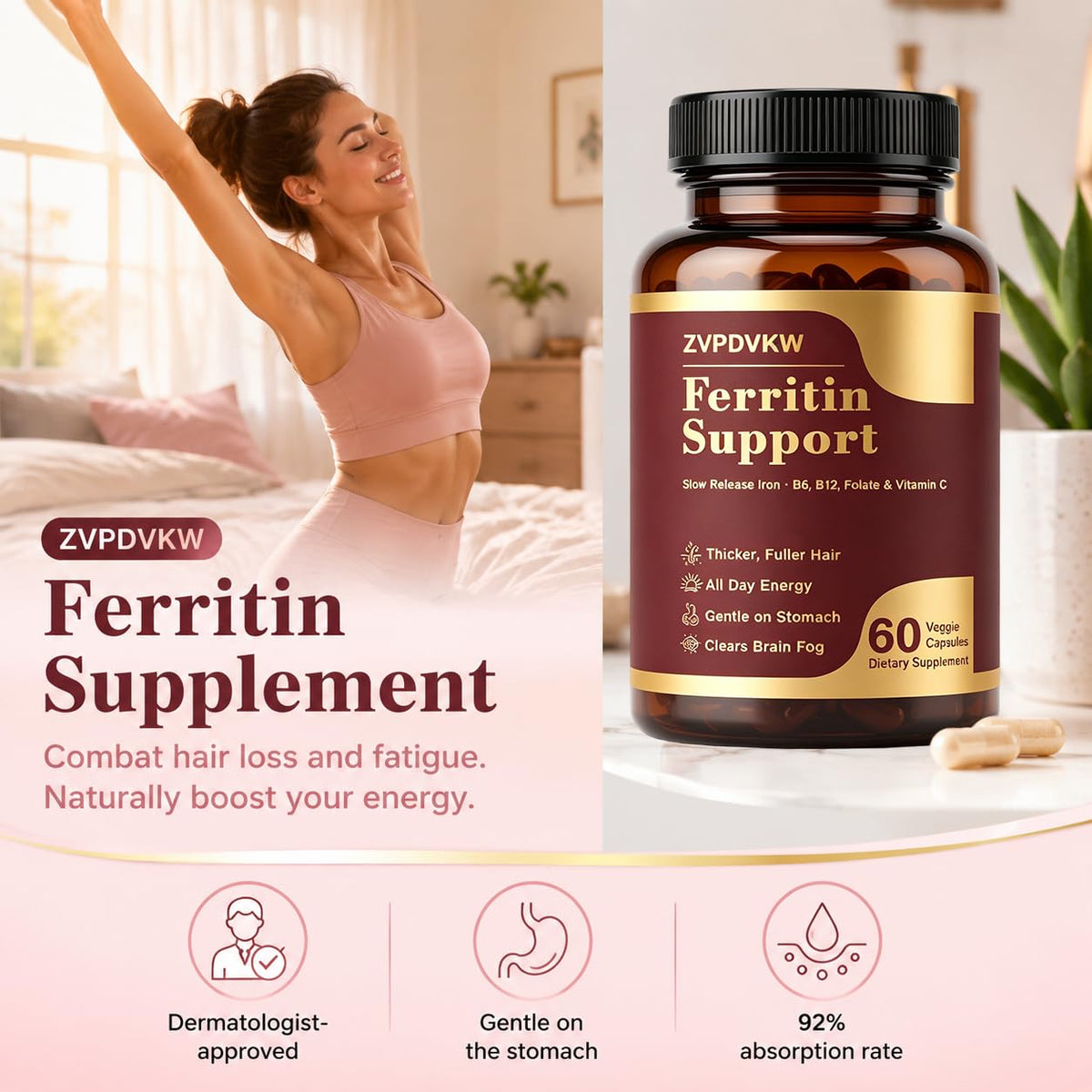 ZVPDVKW Complément Alimentaire Fer Femme 60 Capsules avec étiquette