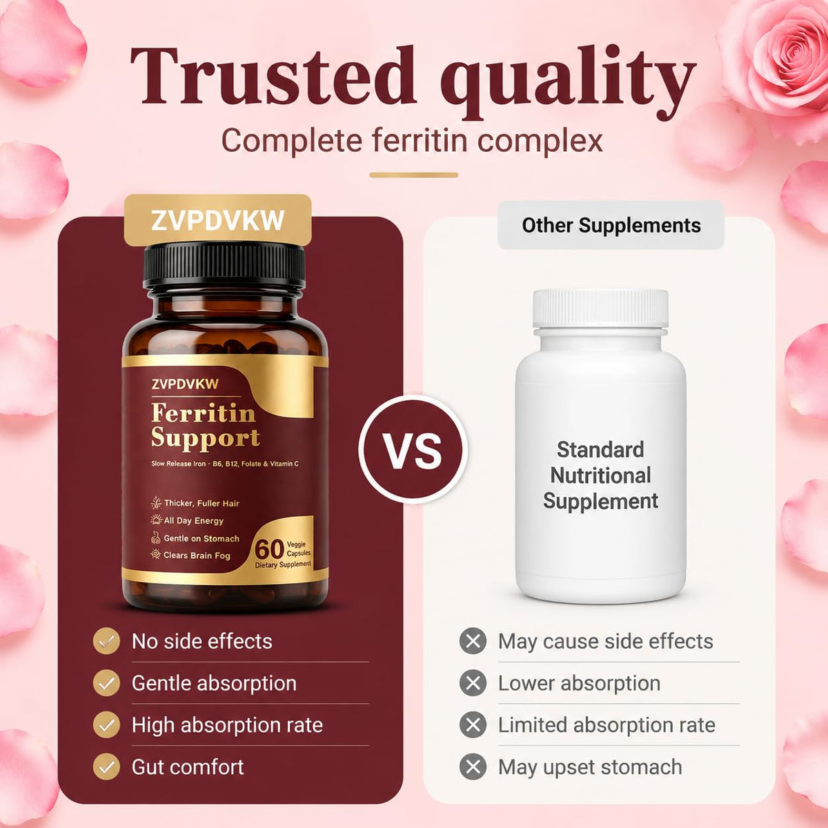 ZVPDVKW Complément Alimentaire Fer Femme 60 Capsules sur fond blanc