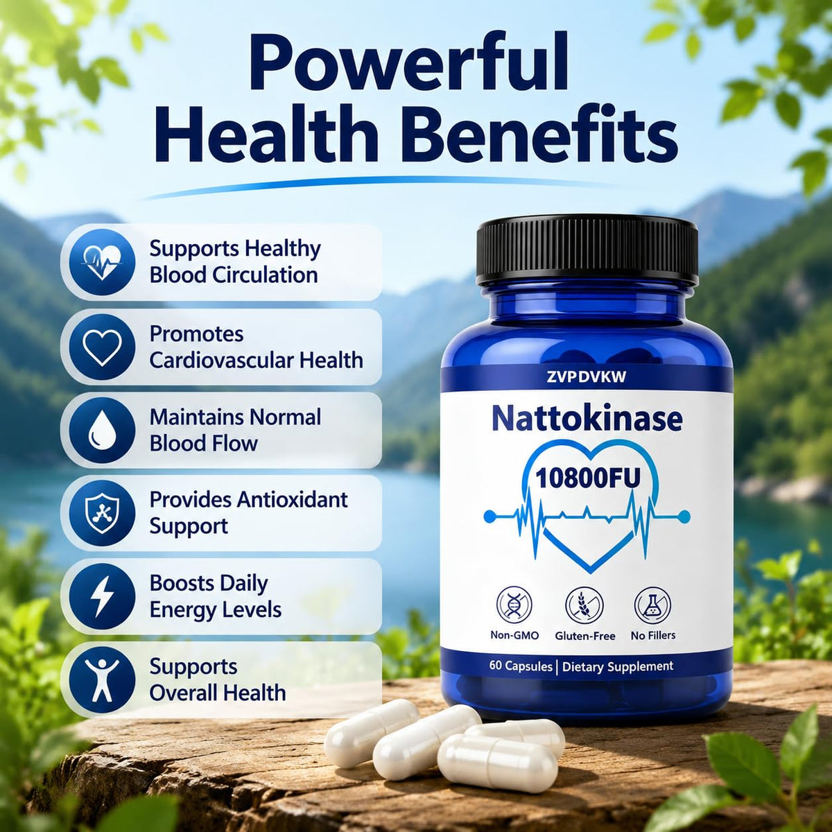 ZVPDVKW Nattokinase 10800 FU capsules avec étiquette détaillée