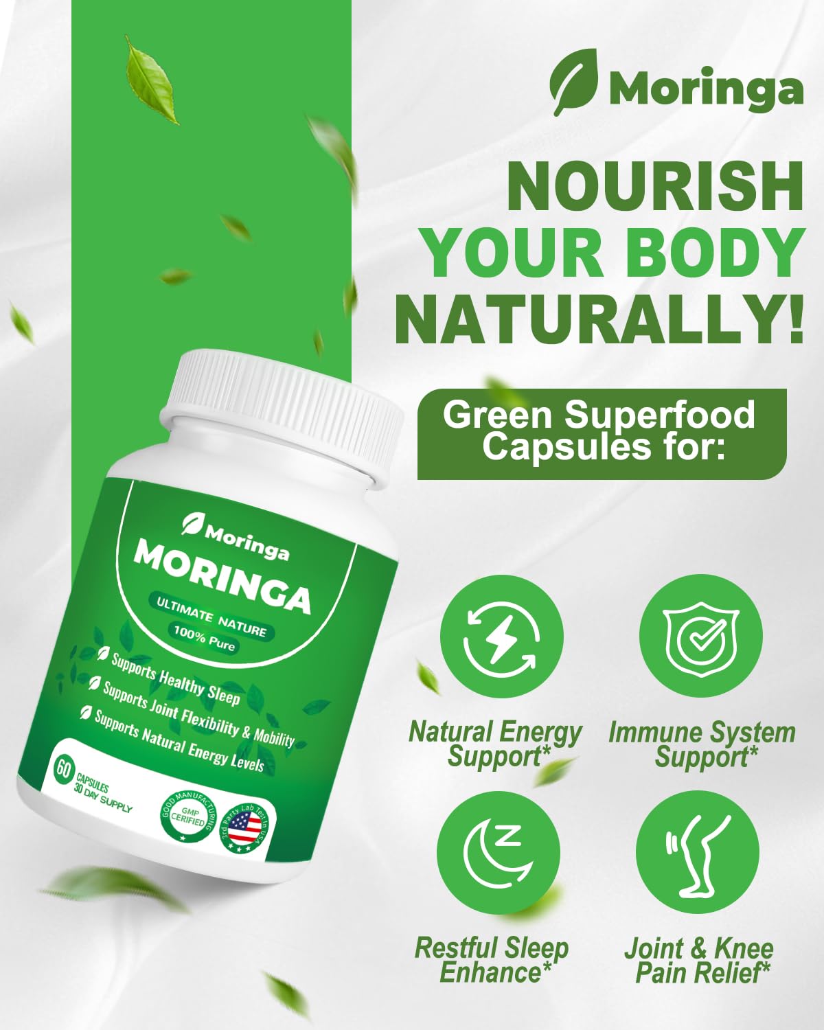 ZyliaVitaX Capsules de Moringa 800mg en bouteille ouverte montrant les capsules