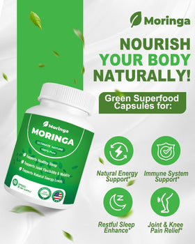 ZyliaVitaX Capsules de Moringa 800mg en bouteille ouverte montrant les capsules