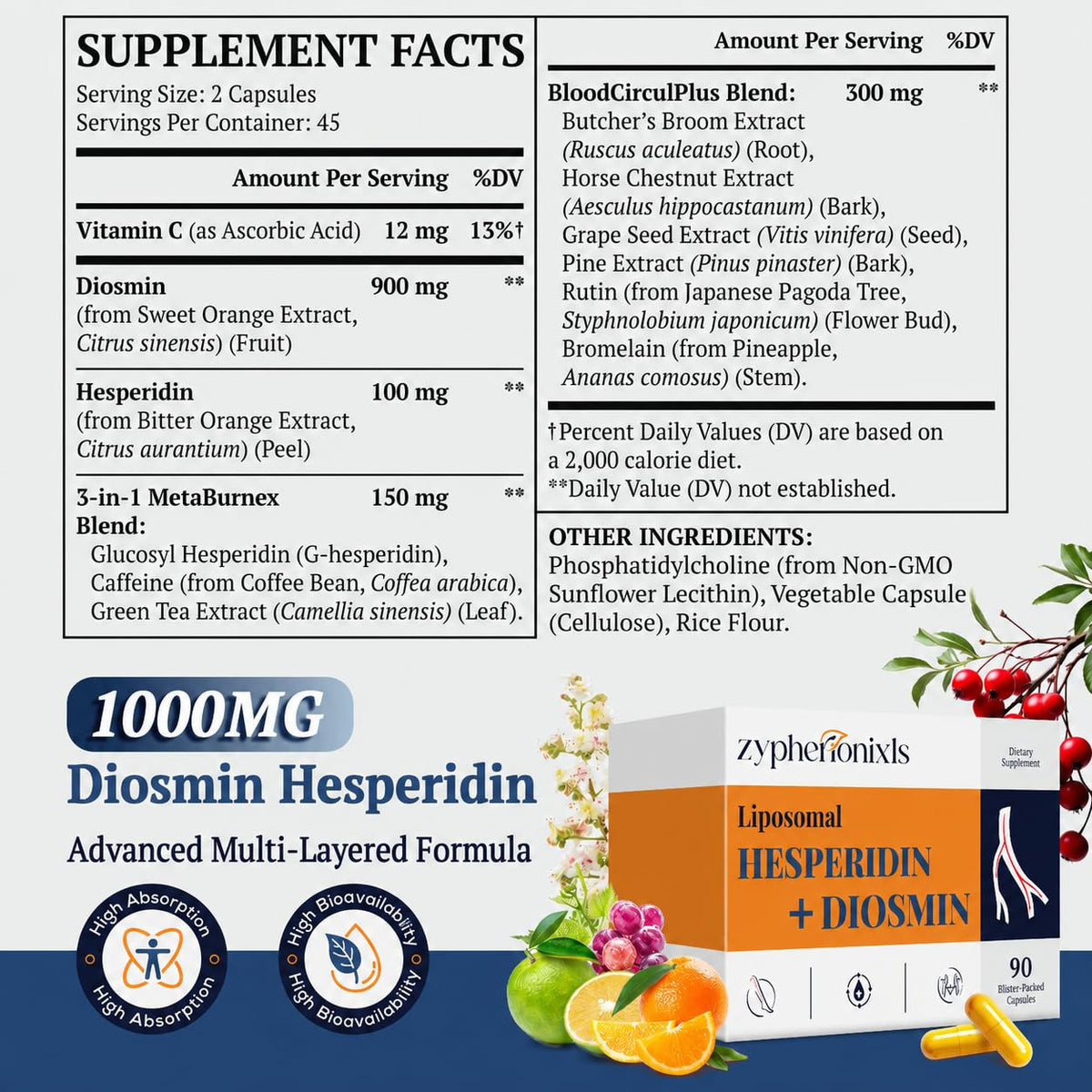Zypherionixls Diosmine Hespéridine 1000mg étiquette de produit